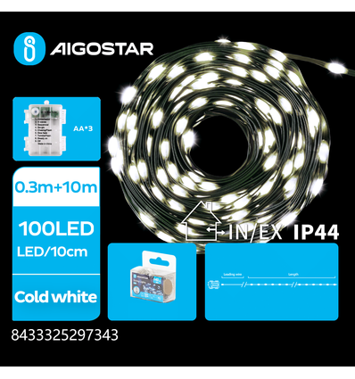 3AA Batteri PVC Lyskæde, Kold Hvid, 0,3M + 10M, 100 LED, 10cm/LED, Grøn Ledning, 8 Blinkfunktioner, Timer, IP44