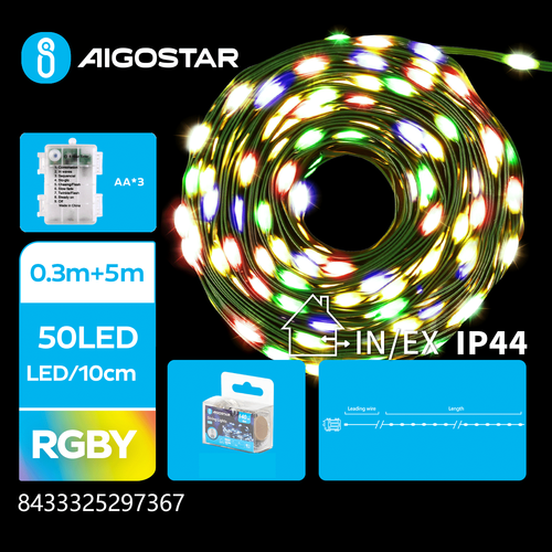 3AA Batteri PVC Lyskæde RGBY 0,3M+5M 50LED 10cm/LED Grøn Ledning 8 Blink+Timer IP44