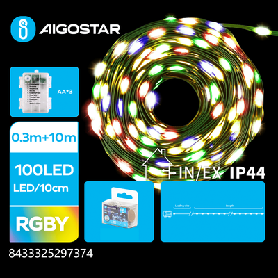 3AA Batteri PVC Lyskæde RGBY, 0.3M + 10M, 100 LED, 10cm/LED, Grøn Ledning, 8 Blink + Tidsindstilling, IP44