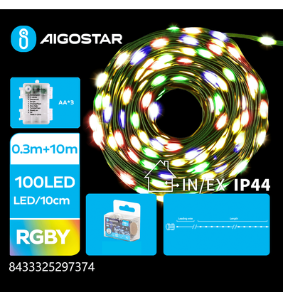 3AA Batteri PVC Lyskæde RGBY, 0.3M + 10M, 100 LED, 10cm/LED, Grøn Ledning, 8 Blink + Tidsindstilling, IP44