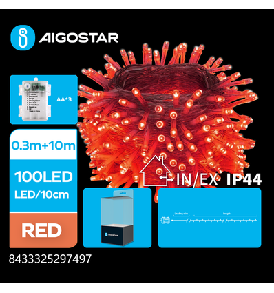 3AA Batteri-Flad Lysslynge Rød, 0.3M+10M, 100 LED, 10CM/LED, Gennemsigtig Ledning, 8 Blinkfunktioner + Timer, IP44