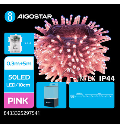 3AA Batteri LED lyskæde, Pink, 0.3+5m, 50 LED - 10cm Mellemrum, Transparent Ledning, 8 Funktioner+Timer, IP44