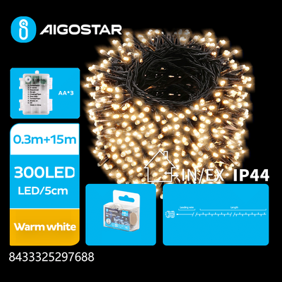 3AA Batteri LED lyskæde, Varm Hvid, 0,3M+15M, 300LED - 5CM/LED, Grøn/Sort Ledning, 8 Blinkfunktioner + Timer, IP44