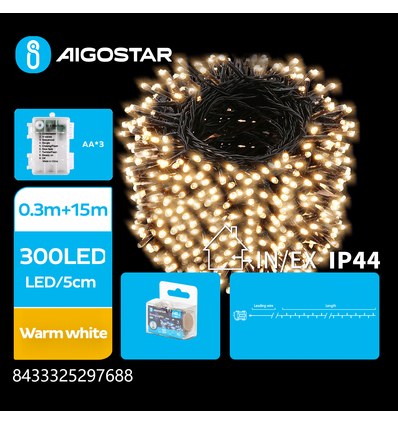 3AA Batteri LED lyskæde, Varm Hvid, 0,3M+15M, 300LED - 5CM/LED, Grøn/Sort Ledning, 8 Blinkfunktioner + Timer, IP44