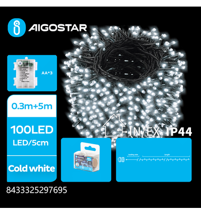 3AA Batteri LED lyskæde, Kold Hvid, 0.3M + 5M, 100 LED - 5cm/LED, Grøn/Sort Ledning, 8 Blinkfunktioner + Timer, IP44