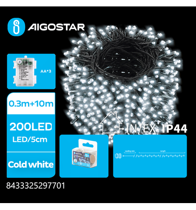 3AA Batteri LED Lyskæde, 200 LED Kold Hvid - 0,3M+10M - 5cm mellem LED - Grøn/Sort Ledning - 8 Funktioner, Timer, IP44