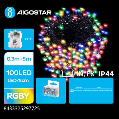 3AA Batteri LED Lyskæde, RGBY, 0.3M+5M, 100LED - 5cm/LED, Grøn Sort Ledning, 8 Blink+Timer, IP44