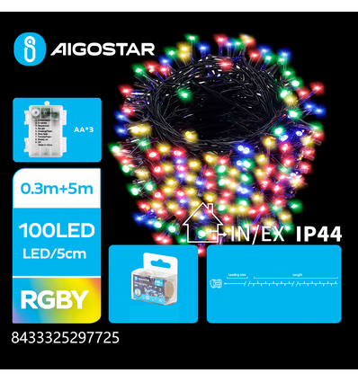 3AA Batteri LED Lyskæde, RGBY, 0.3M+5M, 100LED - 5cm/LED, Grøn Sort Ledning, 8 Blink+Timer, IP44