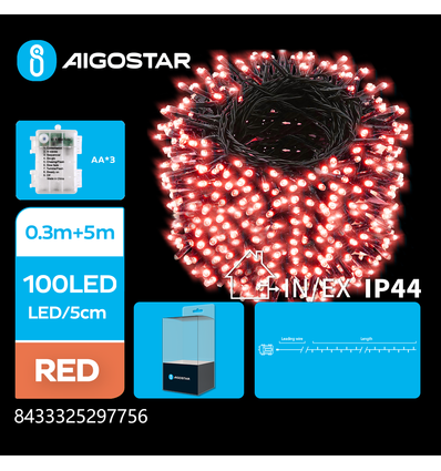 3AA Batteri LED Lyskæde, Rød, 0,3m + 5m - 100 LED - 5cm/LED - Grøn Sort Ledning - 8 Blink + Tidsindstilling + IP44