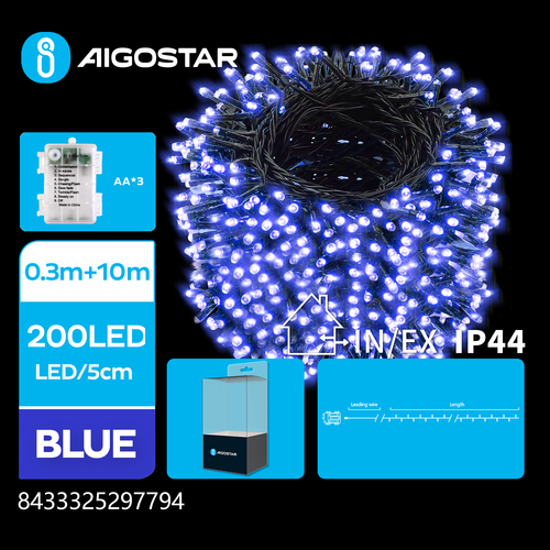 3AA Batteridreven Lyskæde, Blå, 0,3m + 10m, 200 LED, 5cm pr. LED, Grøn/Sort Ledning, 8 Blinkfunktioner, Timer, IP44