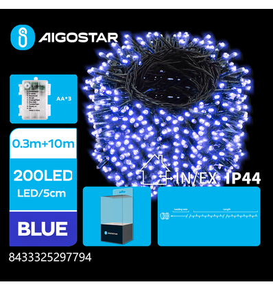 3AA Batteridreven Lyskæde, Blå, 0,3m + 10m, 200 LED, 5cm pr. LED, Grøn/Sort Ledning, 8 Blinkfunktioner, Timer, IP44