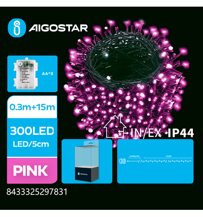 3AA Batteri LED Lyskæde, Pink, 0.3m+15m - 300 LED - 5cm/LED - Grønt Sort Ledning - 8 Blinkfunktioner+Timer+IP44