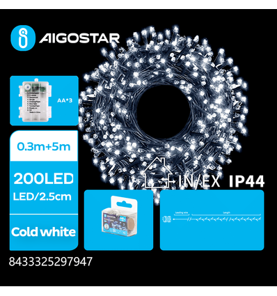 3AA Batteri LED Lyskæde, Kold Hvid, 0.3M+5M, 200 LED - 2.5cm/LED, Grøn/Sort Ledning, 8 Blinkfunktioner+Timer, IP44