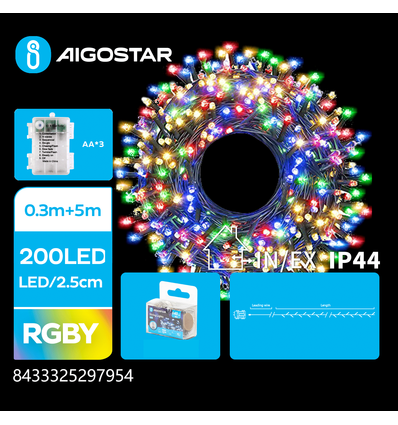 3AA Batteri LED Lyskæde RGBY 0.3M+5M, 200LED, 2.5cm per LED, Grøn/Sort Ledning, 8 Blinkfunktioner, Tidsur, IP44