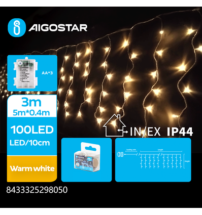 3AA Batteri Istap Lyskæde Varm Hvid - 100LED, 25 rækker, Transparent Ledning, 8 Blinkfunktioner, Timer, IP44, 3M+5x0.4M