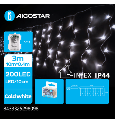3AA Batteri Istap Flat Lyskæde Kold Hvid - 200 LED, 50 rækker, Transparent Ledning, 8 Blinkfunktioner, Timer, IP44, 3M+4M