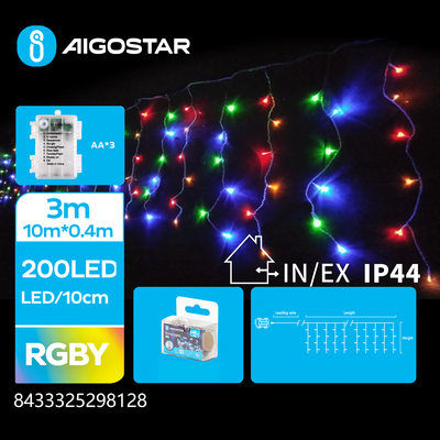 Se 3AA Batteri Istap Lyskæde RGBY - 200 LED - 50 rækker, Gennemsigtig Ledning , 8 Blinkfunktioner, Timer, IP44, 3M+10M*0.4M hos Aigostar.dk