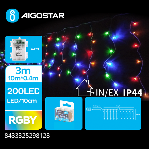 3AA Batteri Istap Lyskæde RGBY - 200 LED - 50 rækker, Gennemsigtig Ledning , 8 Blinkfunktioner, Timer, IP44, 3M+10M*0.4M