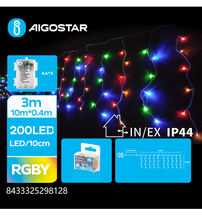 3AA Batteri Istap Lyskæde RGBY - 200 LED - 50 rækker, Gennemsigtig Ledning , 8 Blinkfunktioner, Timer, IP44, 3M+10M*0.4M