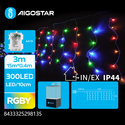 Se 3AA Batteri Istap Lyskæde RGBY - 300 LED, 75 rækker, Gennemsigtig Ledning - 8 Blinkfunktioner, Timer, IP44, hos Aigostar.dk