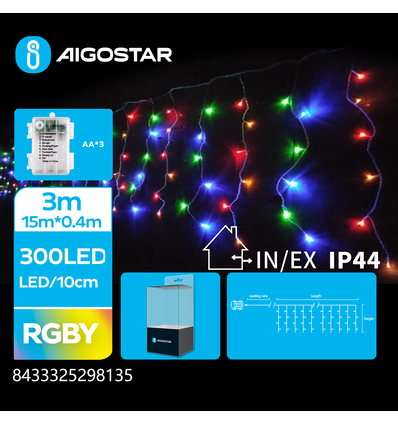 3AA Batteri Istap Lyskæde RGBY - 300 LED, 75 rækker, Gennemsigtig Ledning - 8 Blinkfunktioner, Timer, IP44,