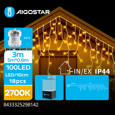 Se 3AA Batteri-Iskæde 'Bølge' - Varm Hvid, 3M+5Mx0,6M, 100LED, 25 Strenge, Transparent Ledning, 8 Blinkfunktioner+Timer, IP44 hos Aigostar.dk