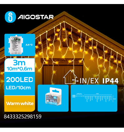 3AA Batteri Istap Lyskæde Varm Hvid - 200 LED, 50 rækker, Transparent Ledning, 8 Blinkfunktioner, Timer, IP44, 3M+10x0.6M