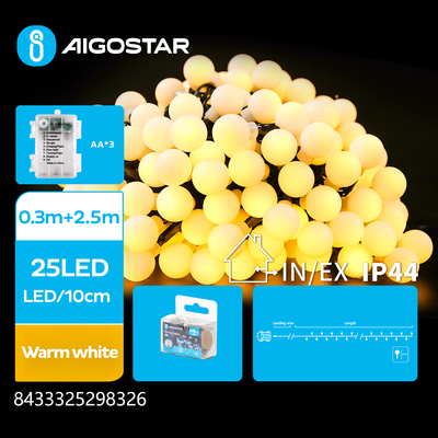 3AA Batteri matteret-Lyskæde, Varm Hvid, 0.3M+2.5M, 25 LED, 10cm/LED, Transparent Ledning, 8 Blinkfunktioner+Timer+IP44