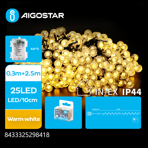 3AA Batteridrevet kugle lyskæde Varm Hvid, 0,3m+2,5m, 25 LED - 10cm Afstand, Transparent Ledning - 8 Blinkfunktioner+Timer+IP44
