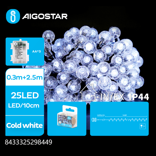 3AA Batteri kugle lyskæde, Kold Hvid, 0.3M+2.5M, 25 LED - 10CM/LED, Transparent Ledning, 8 Blinkfunktioner, Timer, IP44