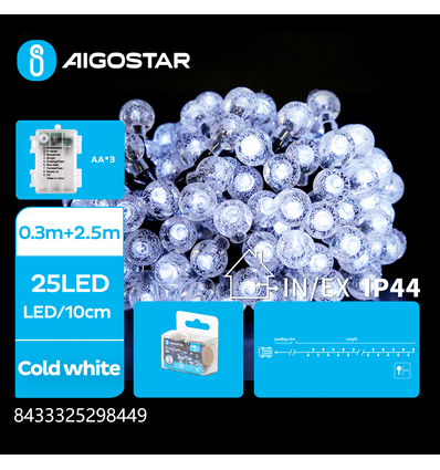 3AA Batteri kugle lyskæde, Kold Hvid, 0.3M+2.5M, 25 LED - 10CM/LED, Transparent Ledning, 8 Blinkfunktioner, Timer, IP44