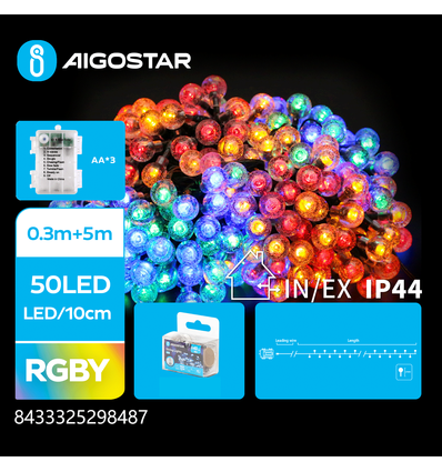 3AA Batteri kugle lyskæde RGBY 0.3M+5M, 50 LED - 10cm/LED, Transparent Ledning, 8 Blinkfunktioner + Timer, IP44