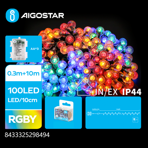 3AA Batteri kugle lyskæde, RGBY, 0.3m + 10m - 100 LED - 10cm/LED - Transparent Ledning - 8 Blink + Timer + IP44