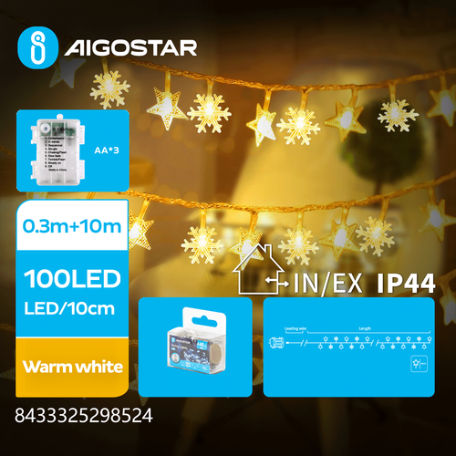 Batteridrevet Lyskæde med Stjerner og Snefnug, 100 LED, Varm Hvid, 10,3m, Transparent Ledning, 8 Blinkindstillinger, Timer, IP44