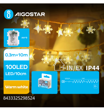 Batteridrevet Lyskæde med Stjerner og Snefnug, 100 LED, Varm Hvid, 10,3m, Transparent Ledning, 8 Blinkindstillinger, Timer, IP44