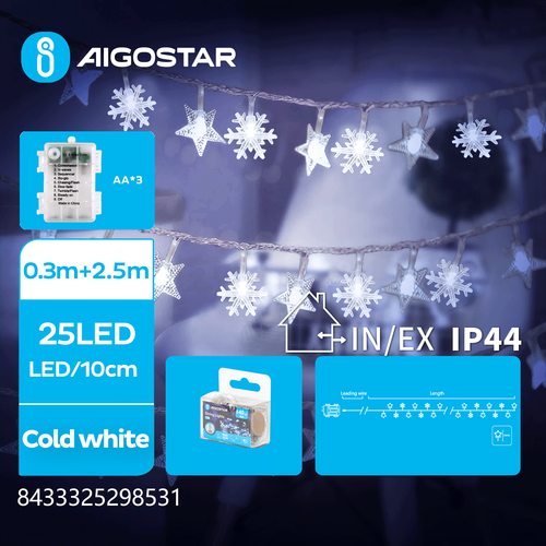 Stjerne & Snefnug Lyskæde - Kold Hvid, 3xAA, 0.3m+2.5m, 25 LED, 10cm/LED, Gennemsigtig Ledning, 8 Blink+Timer, IP44