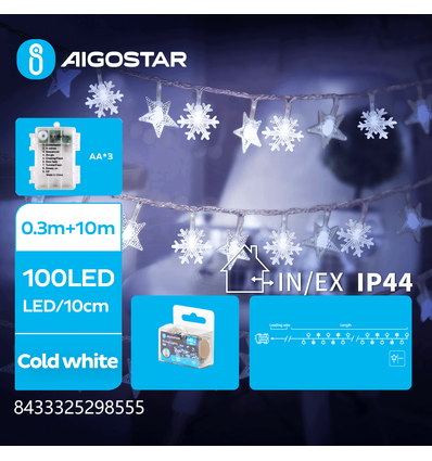 3AA Batteri Stjerne & Snefnug Lyskæde - Koldt Hvid, 0,3M + 10M, 100 LED, 10CM/LED, Transparent Ledning, 8 Blink+Timer, IP44