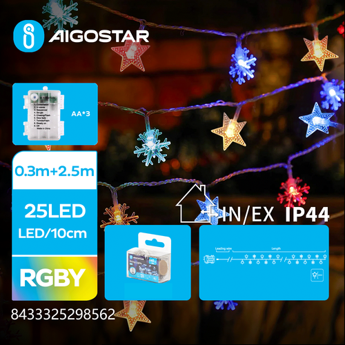 Stjerne Snefnug Lyskæde, 25 LED, RGBY, 3xAA, 0,3m+2,5m, Transparent Ledning, 10cm/LED, 8 Blinkfunktioner + Timer, IP44