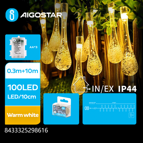 3AA Batteri-Regndråbeformet Lyskæde, Varm Hvid, 0,3M+10M, 100 LED, 10CM/LED, Transparent Ledning, 8 Blink+Timer, IP44