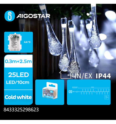 3AA Batteri Regndråbeformet Lyskæde, Kold Hvid, 0,3M+2,5M, 25 LED, 10CM/LED, Transparent Ledning, 8 Blink+Timer, IP44
