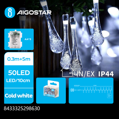 Regndråbeformet Lyskæde 3AA - Kold Hvid, 0,3M+5M, 50LED, 10cm mellem LED, Transparent Ledning, 8 Blinkfunktioner + Timer, IP44