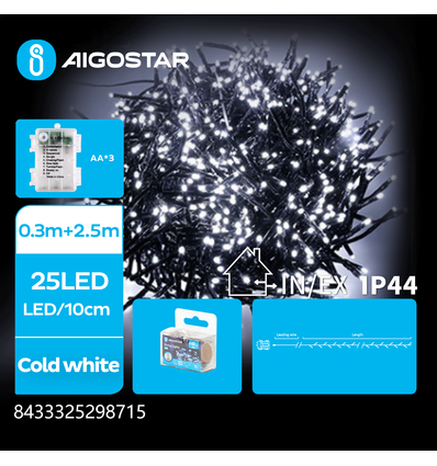 3AA Batteri Kædeslynge Lys - Kold Hvid - 0,3M+2,5M - 25 LED - 10cm/LED - Grøn/Sort Ledning - 8 Blinkfunktioner + Timer + IP44