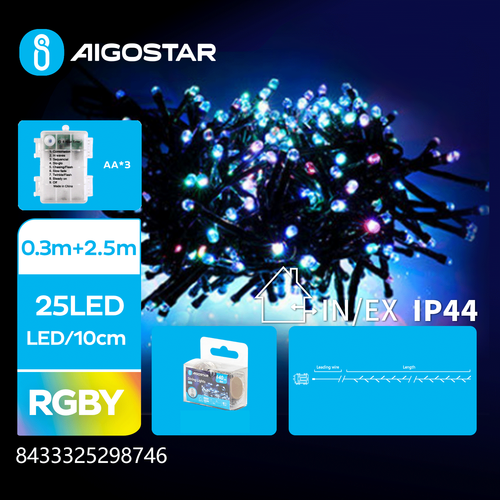 AA Batteri Krudtsnor Lyskæde RGBY 0,3M+2,5M 25LED 10CM/LED Grøn Sort Ledning 8 Blinkfunktioner Tidsindstilling IP44