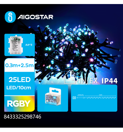 AA Batteri Krudtsnor Lyskæde RGBY 0,3M+2,5M 25LED 10CM/LED Grøn Sort Ledning 8 Blinkfunktioner Tidsindstilling IP44