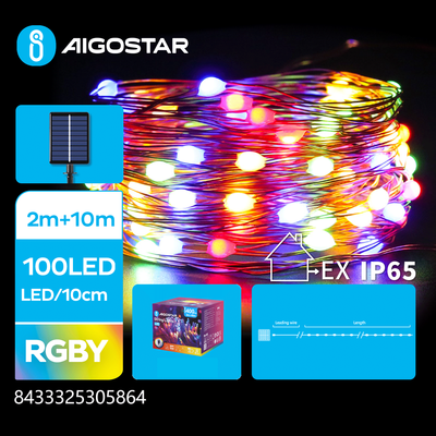 Solcelle Lyskæde RGBY 2+10M 100LEDs 10cm Kobber 8 Mønstre IP65