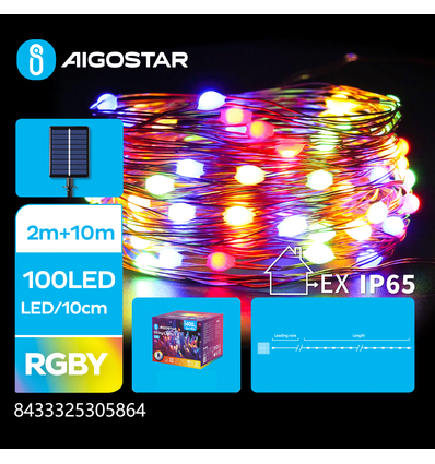 Solcelle Lyskæde RGBY 2+10M 100LEDs 10cm Kobber 8 Mønstre IP65