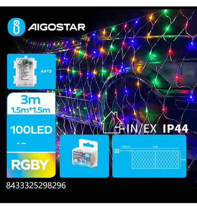 3AA Batteri LED net Lyskæde, RGBY, 3m+1,5m*1,5m - 100LED, Transparent Ledning - 8 Blinkfunktioner, Timer, IP44