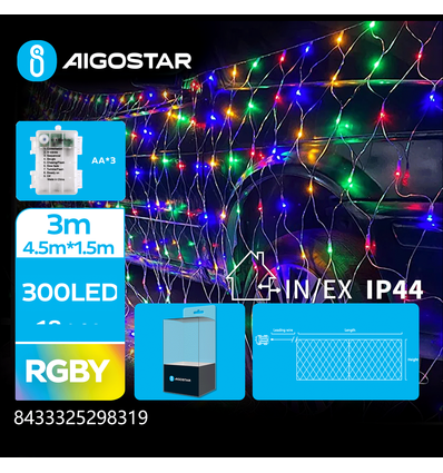 3AA Batteri RGBY Lyskæde 3M+4.5M*1.5M - 300 LED, Gennemsigtig Ledning, 8 Blink + Tidsindstilling, IP44