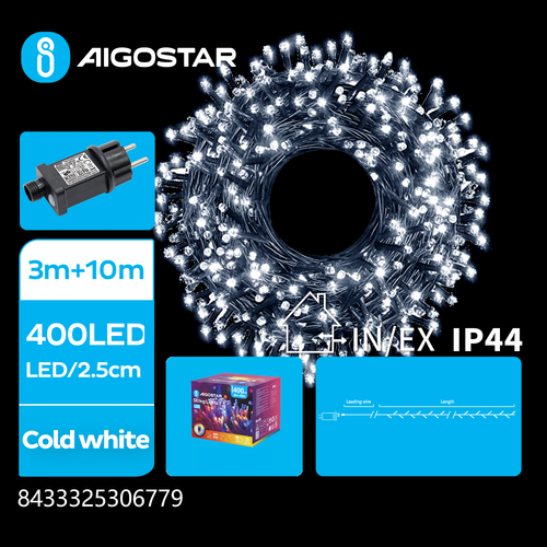 LED lyskæde, Kølig Hvid, 3M+10M, 400LED - 2.5cm/LED, Grøn/Sort Ledning, 8 Blink+Timer+IP44
