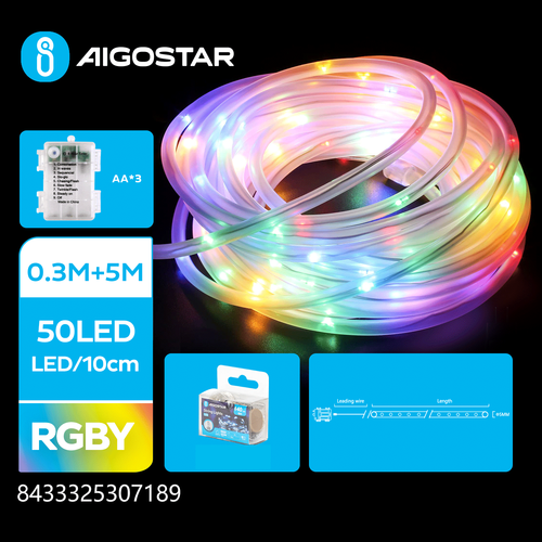 3AA Batteri RGBY Lyskæde 0.3m+5m - 50LED Gennemsigtig 8 Blink Tidsindstilling IP44